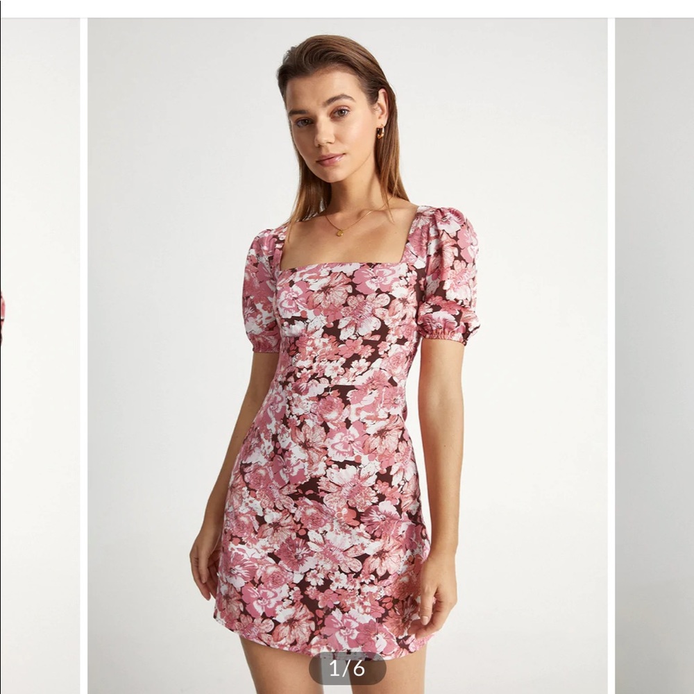 Short Puff Sleeve Square Neck Rosy Floral Dress